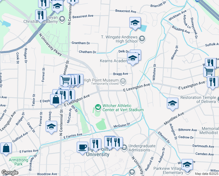 map of restaurants, bars, coffee shops, grocery stores, and more near 1601 East Lexington Avenue in High Point