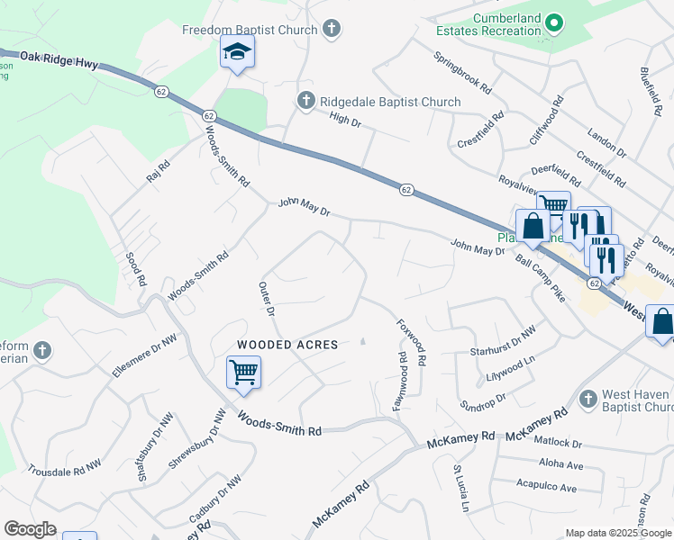 map of restaurants, bars, coffee shops, grocery stores, and more near 5709 Lemonwood Lane Northwest in Knoxville