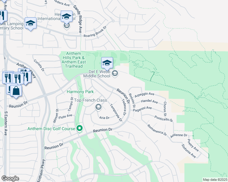 map of restaurants, bars, coffee shops, grocery stores, and more near 2284 Tedesca Drive in Henderson