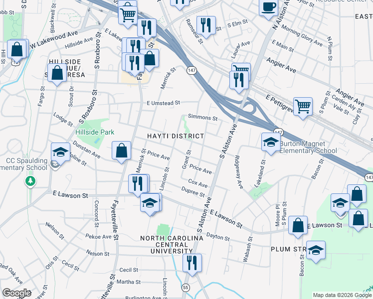 map of restaurants, bars, coffee shops, grocery stores, and more near 706 Massey Avenue in Durham