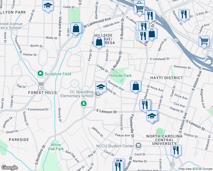 map of restaurants, bars, coffee shops, grocery stores, and more near 217 Moline Street in Durham