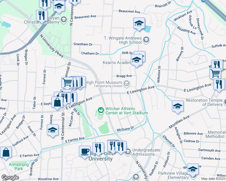 map of restaurants, bars, coffee shops, grocery stores, and more near 1601 East Lexington Avenue in High Point