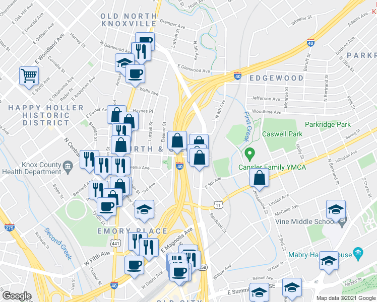 map of restaurants, bars, coffee shops, grocery stores, and more near 748 North 4th Avenue in Knoxville