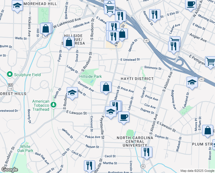map of restaurants, bars, coffee shops, grocery stores, and more near in Durham