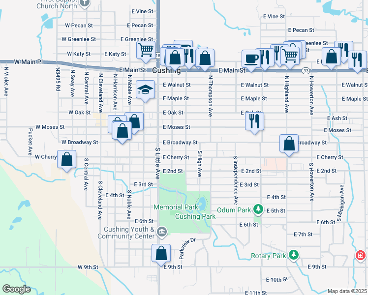 map of restaurants, bars, coffee shops, grocery stores, and more near 621 East Broadway Street in Cushing
