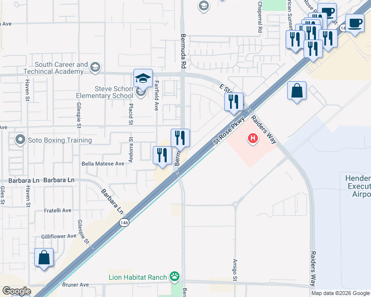 map of restaurants, bars, coffee shops, grocery stores, and more near 11624 Bermuda Road in Henderson