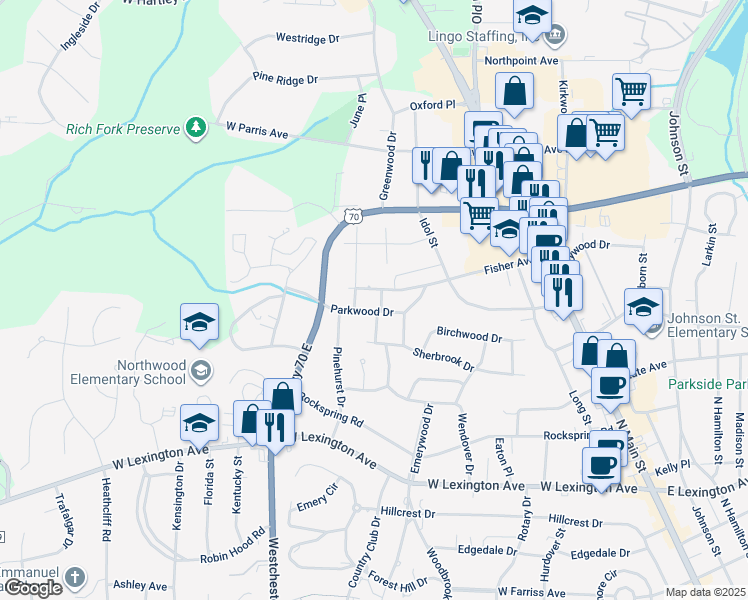 map of restaurants, bars, coffee shops, grocery stores, and more near 1805 Whitehall Street in High Point