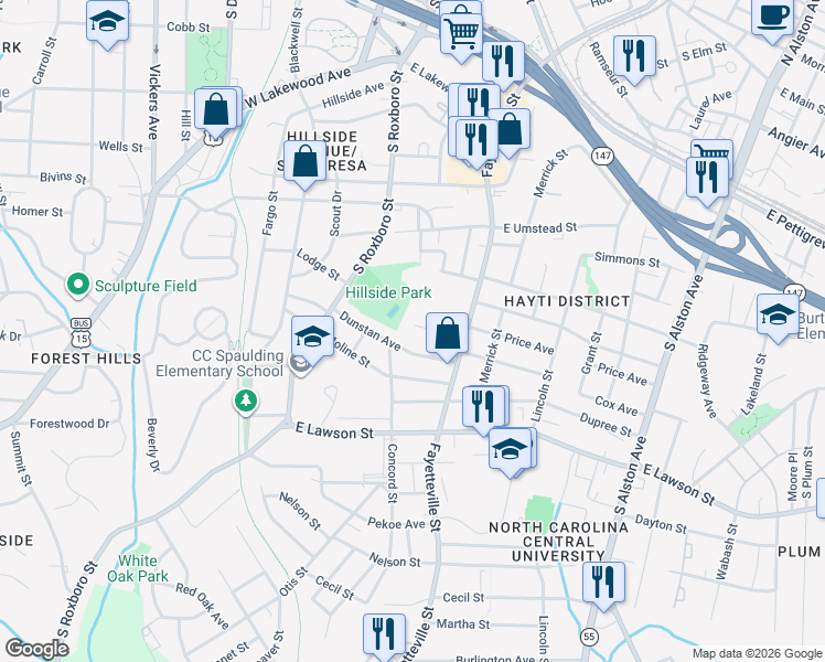 map of restaurants, bars, coffee shops, grocery stores, and more near 403 Dunstan Avenue in Durham
