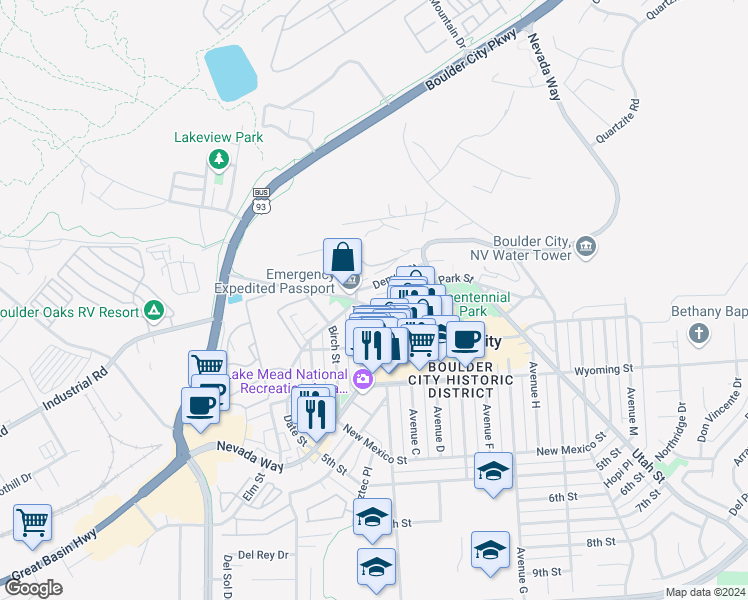 map of restaurants, bars, coffee shops, grocery stores, and more near 1332 Colorado Street in Boulder City