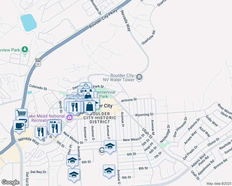 map of restaurants, bars, coffee shops, grocery stores, and more near 712 Park Place in Boulder City