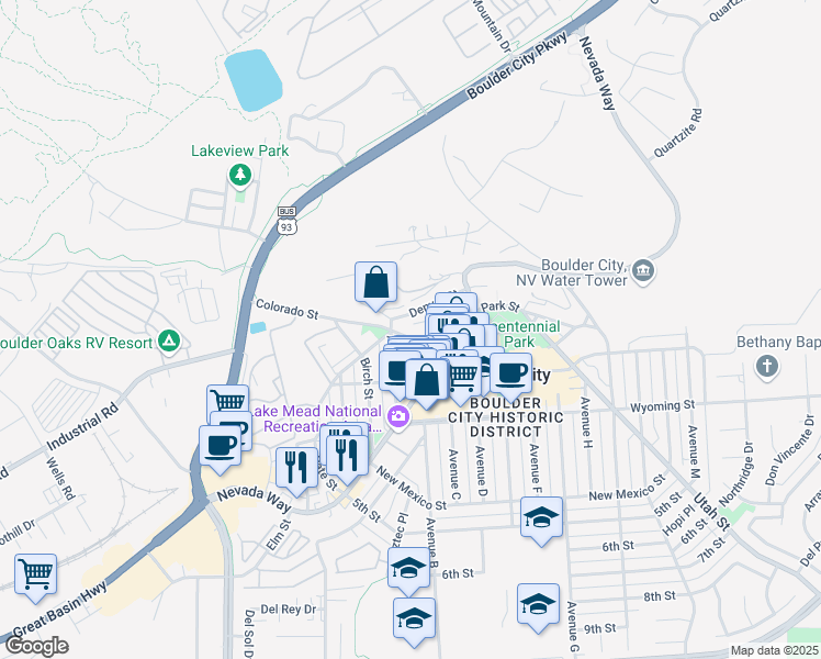 map of restaurants, bars, coffee shops, grocery stores, and more near 1332 Colorado Street in Boulder City