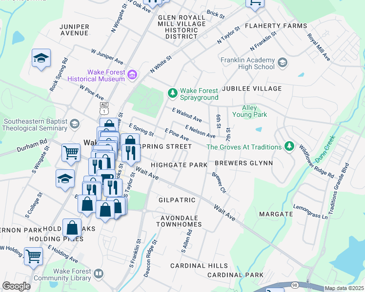 map of restaurants, bars, coffee shops, grocery stores, and more near 234 Highgate Circle in Wake Forest