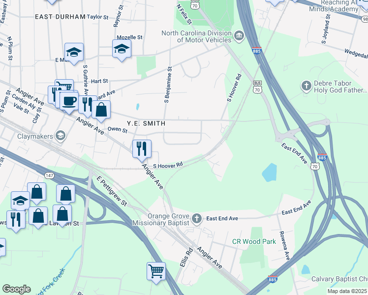 map of restaurants, bars, coffee shops, grocery stores, and more near 2730 Weldon Terrace in Durham