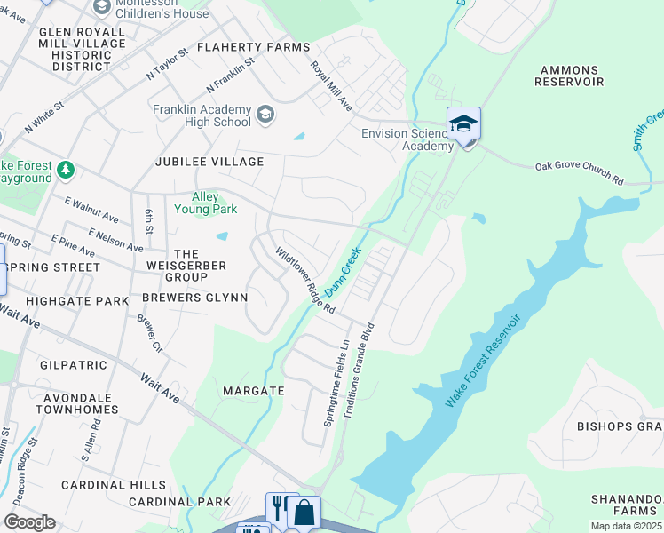 map of restaurants, bars, coffee shops, grocery stores, and more near Nightingale Court in Wake Forest