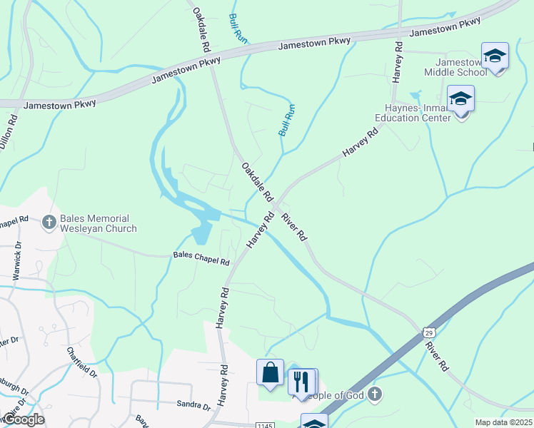 map of restaurants, bars, coffee shops, grocery stores, and more near 4878 Harvey Road in Jamestown