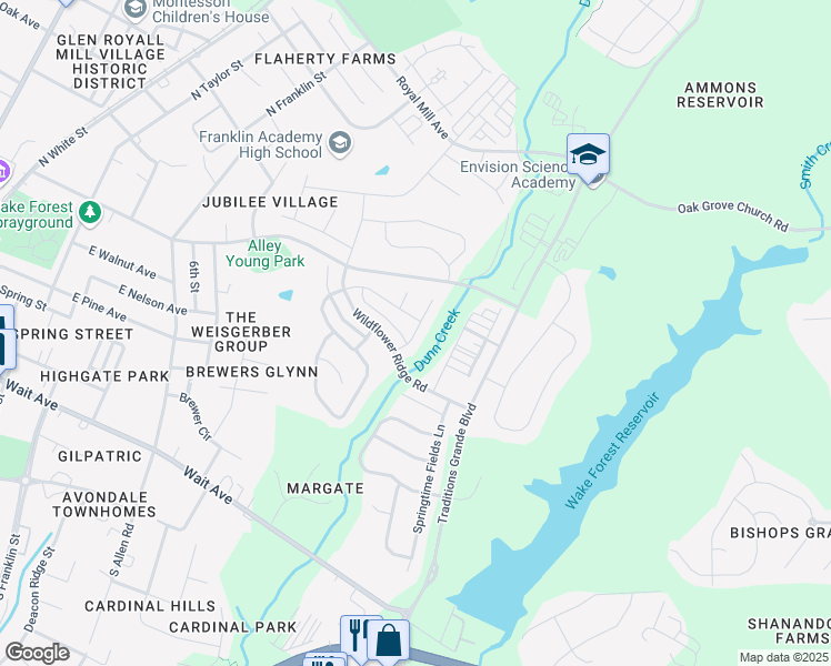 map of restaurants, bars, coffee shops, grocery stores, and more near Nightingale Court in Wake Forest