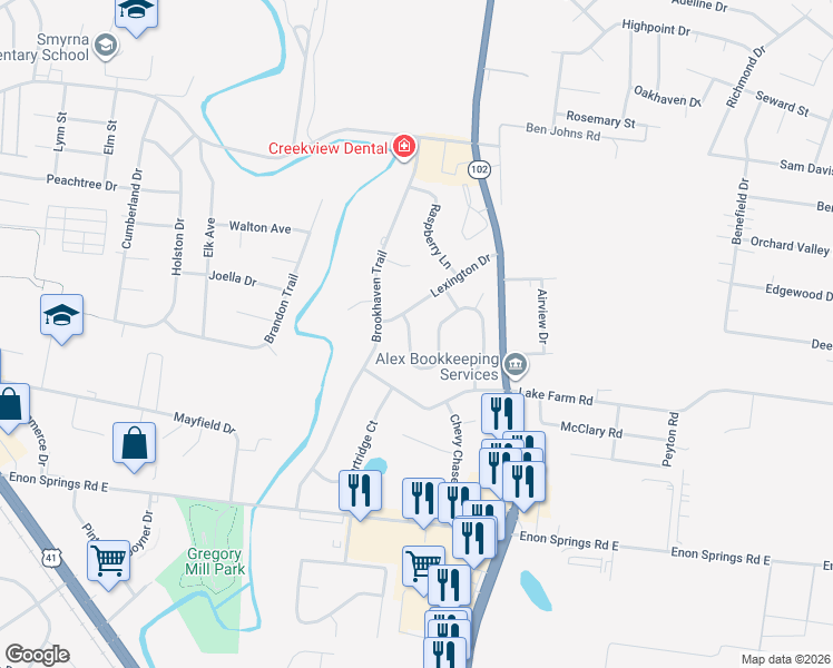 map of restaurants, bars, coffee shops, grocery stores, and more near 111 Bordeaux Court in Smyrna