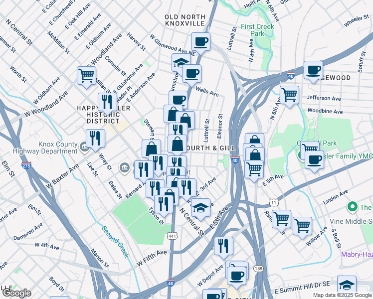 map of restaurants, bars, coffee shops, grocery stores, and more near 812 Gratz Street in Knoxville
