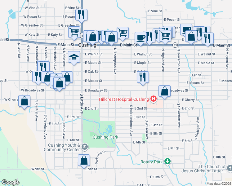 map of restaurants, bars, coffee shops, grocery stores, and more near 732 East Cherry Street in Cushing