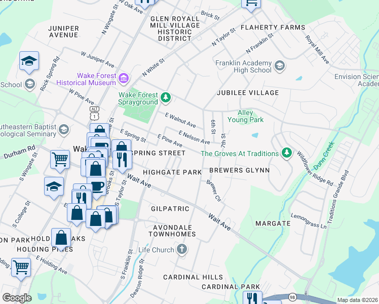 map of restaurants, bars, coffee shops, grocery stores, and more near 225 Highgate Circle in Wake Forest