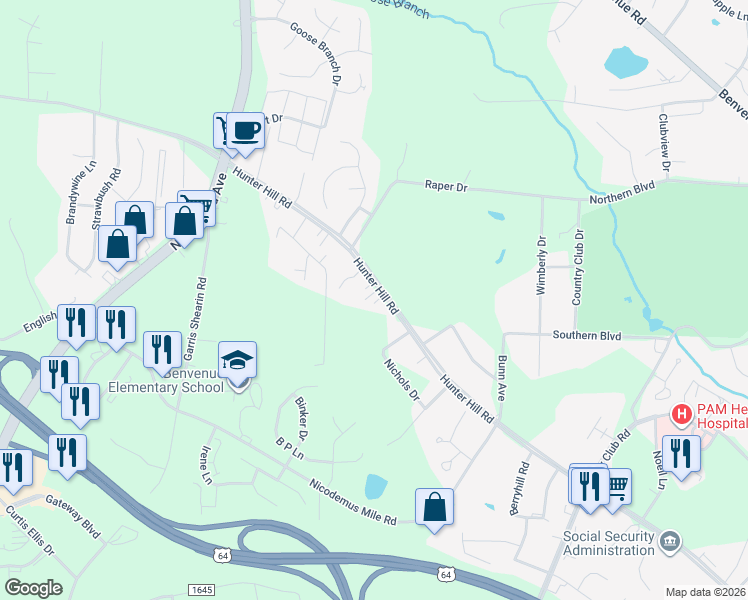 map of restaurants, bars, coffee shops, grocery stores, and more near 2033 Hunter Hill Road in Rocky Mount
