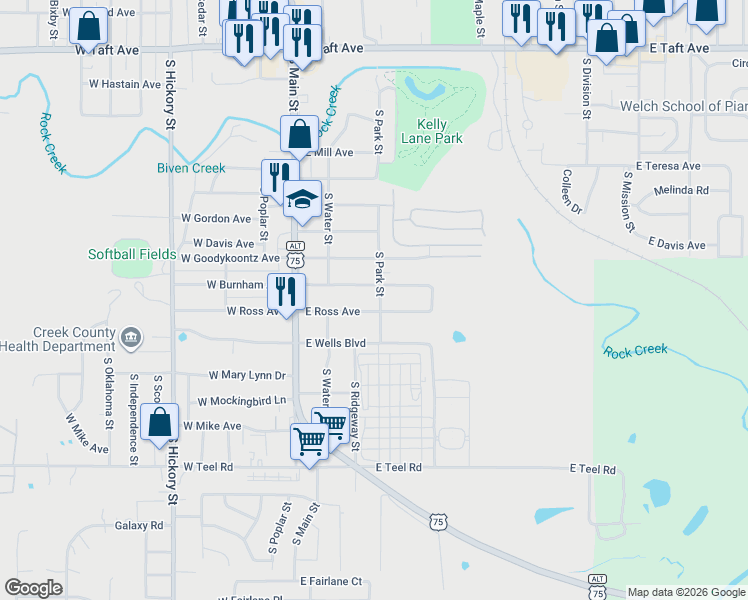 map of restaurants, bars, coffee shops, grocery stores, and more near 1707 South Park Street in Sapulpa