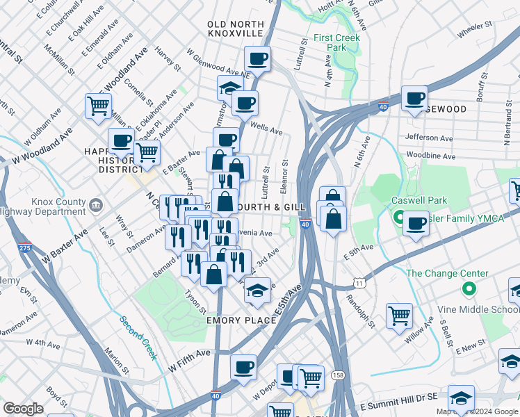 map of restaurants, bars, coffee shops, grocery stores, and more near 907 Luttrell Street in Knoxville