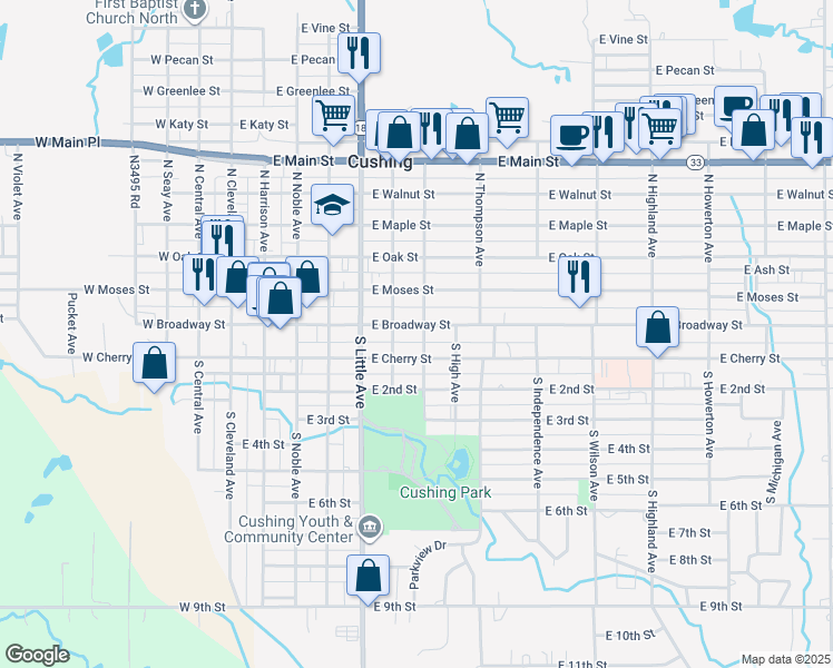 map of restaurants, bars, coffee shops, grocery stores, and more near 621 East Broadway Street in Cushing