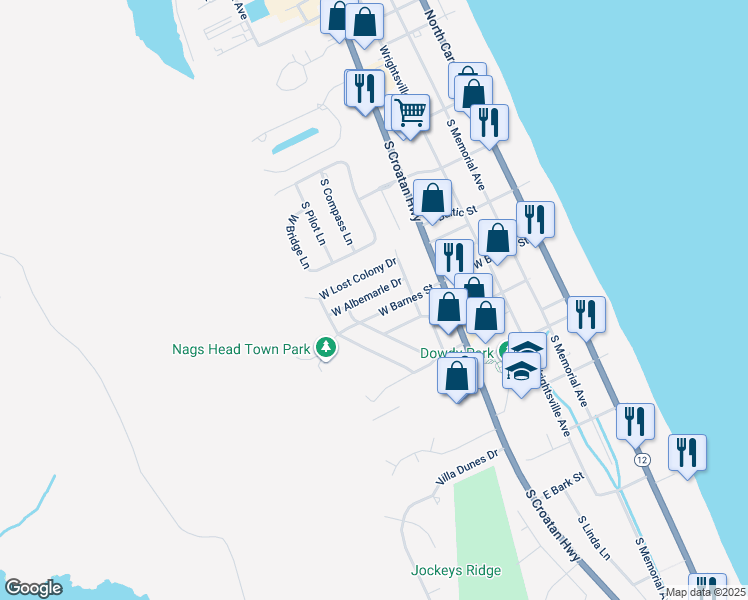 map of restaurants, bars, coffee shops, grocery stores, and more near 217 West Albemarle Drive in Nags Head