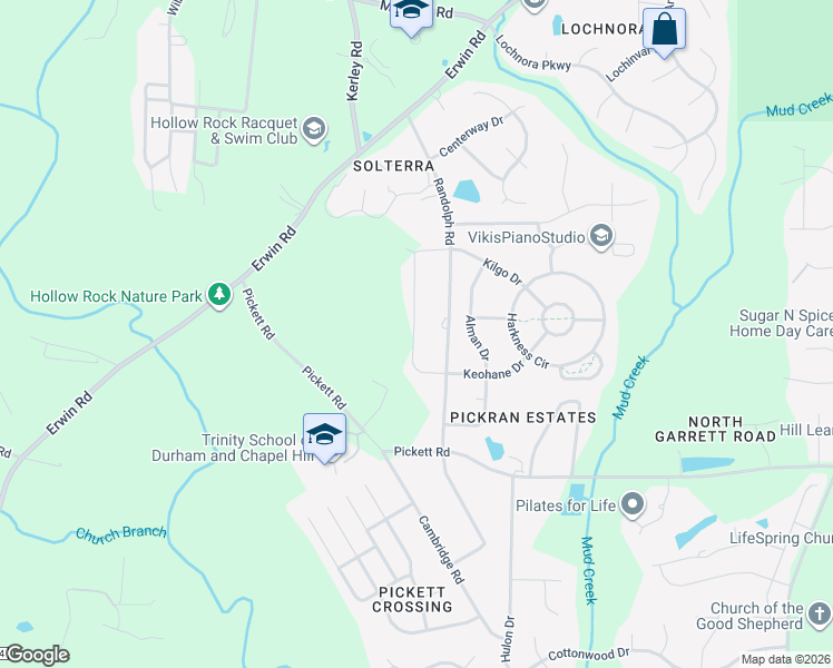 map of restaurants, bars, coffee shops, grocery stores, and more near 3830 Keohane Drive in Durham