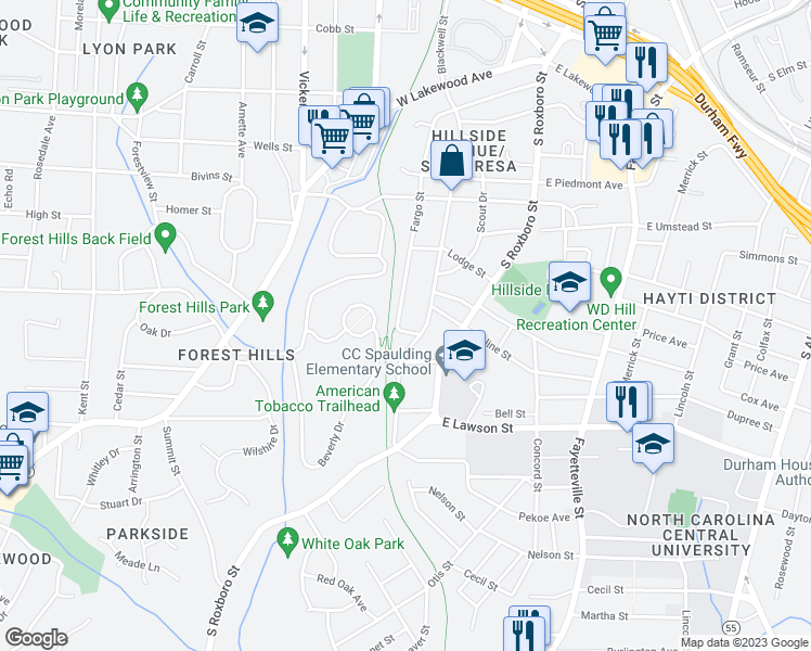 map of restaurants, bars, coffee shops, grocery stores, and more near 206 Apex Street in Durham