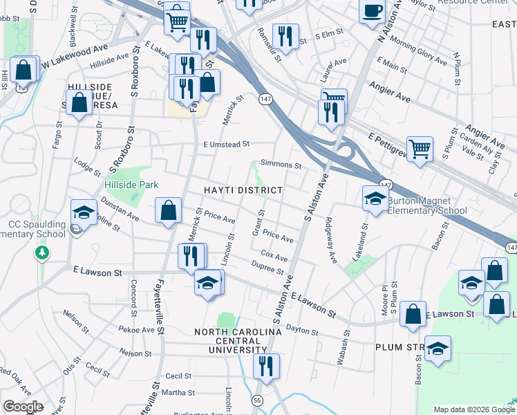 map of restaurants, bars, coffee shops, grocery stores, and more near 706 Massey Avenue in Durham
