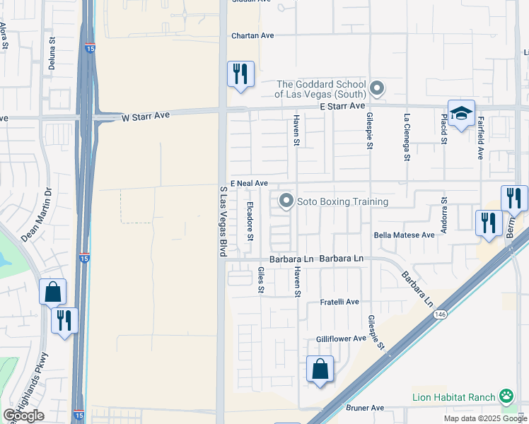 map of restaurants, bars, coffee shops, grocery stores, and more near 11570 Giles Street in Las Vegas