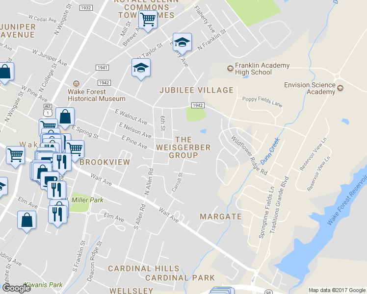 map of restaurants, bars, coffee shops, grocery stores, and more near 239 Carroll Street in Wake Forest