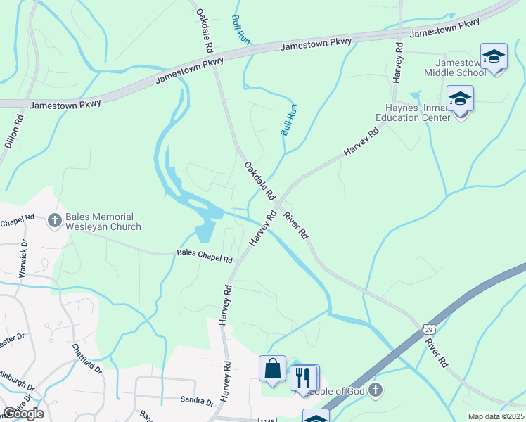 map of restaurants, bars, coffee shops, grocery stores, and more near 4878 Harvey Road in Jamestown