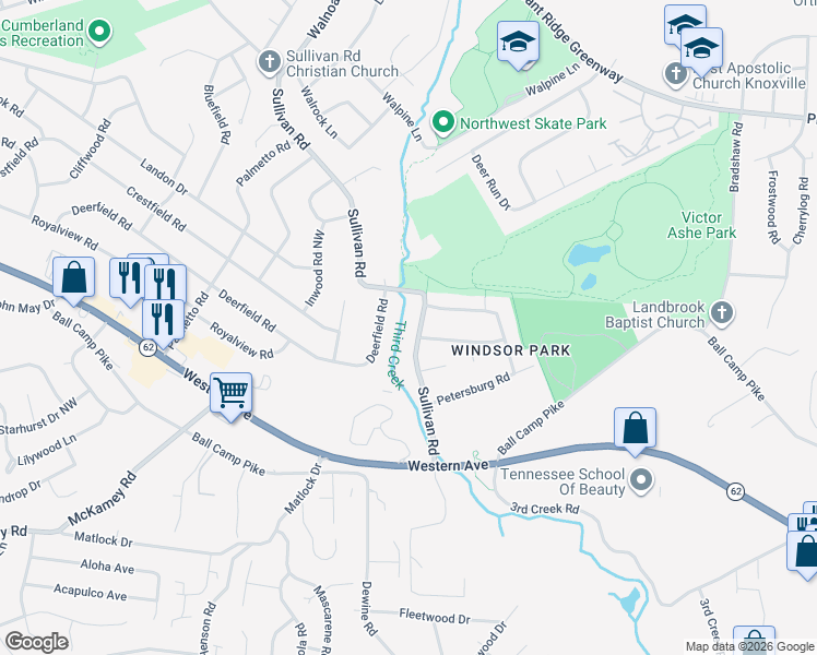 map of restaurants, bars, coffee shops, grocery stores, and more near 3821 Sullivan Road in Knoxville
