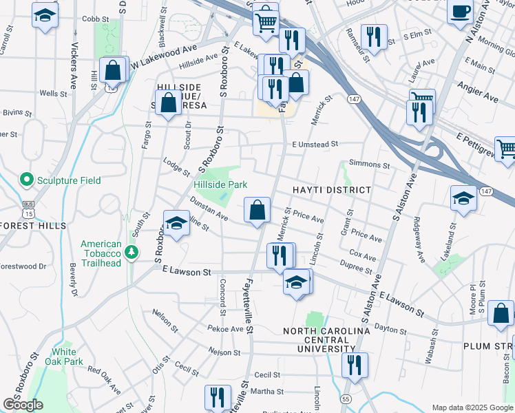map of restaurants, bars, coffee shops, grocery stores, and more near 421 Price Avenue in Durham