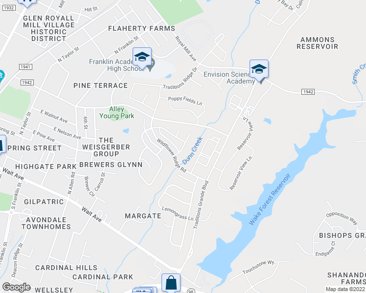 map of restaurants, bars, coffee shops, grocery stores, and more near 421 Nightingale Court in Wake Forest