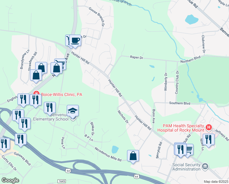 map of restaurants, bars, coffee shops, grocery stores, and more near 2033 Hunter Hill Road in Rocky Mount
