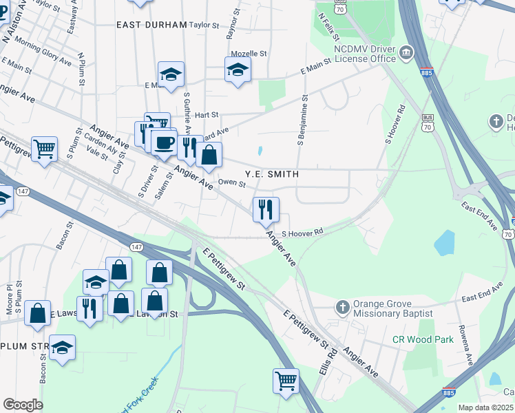 map of restaurants, bars, coffee shops, grocery stores, and more near 2608 Angier Avenue in Durham