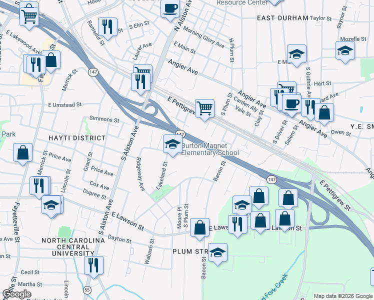 map of restaurants, bars, coffee shops, grocery stores, and more near 1507 Mathison Street in Durham