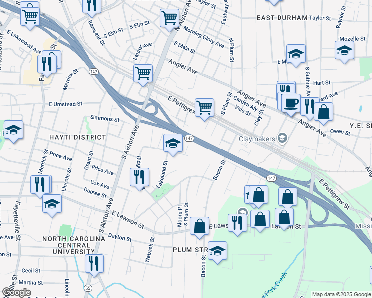 map of restaurants, bars, coffee shops, grocery stores, and more near 1507 Mathison Street in Durham