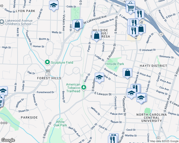 map of restaurants, bars, coffee shops, grocery stores, and more near 1505 South Street in Durham