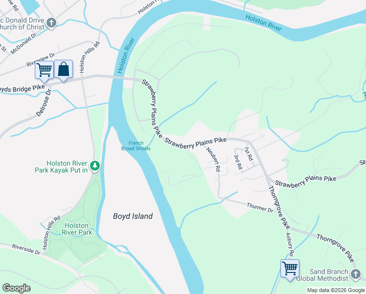 map of restaurants, bars, coffee shops, grocery stores, and more near 4414 Strawberry Plains Pike in Knoxville