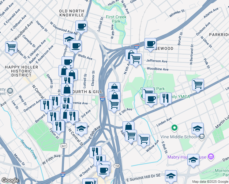 map of restaurants, bars, coffee shops, grocery stores, and more near 748 North 4th Avenue in Knoxville