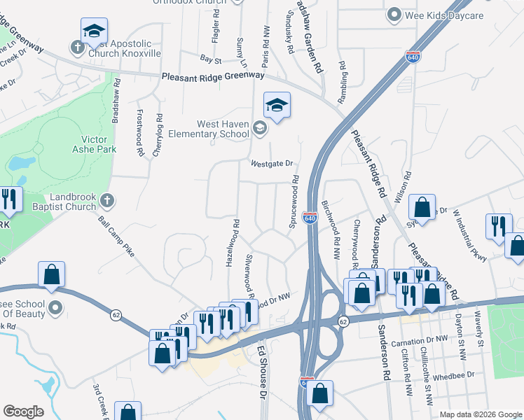 map of restaurants, bars, coffee shops, grocery stores, and more near 3405 Burwood Road Northwest in Knoxville