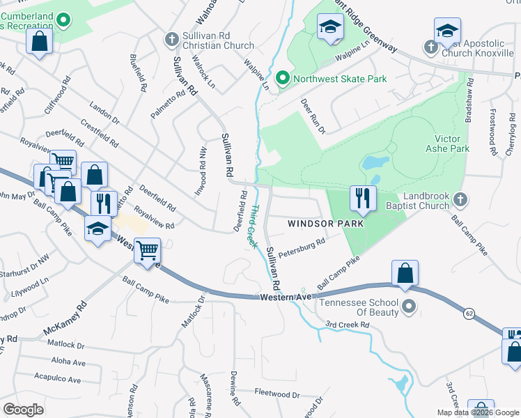 map of restaurants, bars, coffee shops, grocery stores, and more near 3821 Sullivan Road in Knoxville