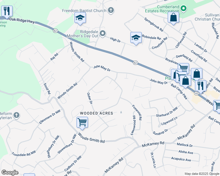 map of restaurants, bars, coffee shops, grocery stores, and more near 5801 Rockwood Lane Northwest in Knoxville