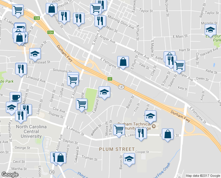 map of restaurants, bars, coffee shops, grocery stores, and more near 1507 Mathison Street in Durham