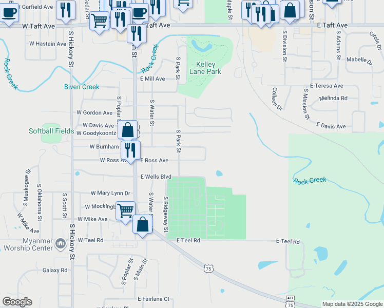 map of restaurants, bars, coffee shops, grocery stores, and more near 1707 South Park Street in Sapulpa